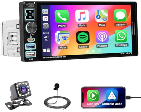 Roinvou 1DIN Autoradio Carplay Android Auto, 6.9'' Touchscreen | Bluetooth, Mirror Link, FM USB Typ-C, EQ UI, 7-Farben-Taste, Rückfahrkamera, Mikrofon, Fernbedienung, Radio