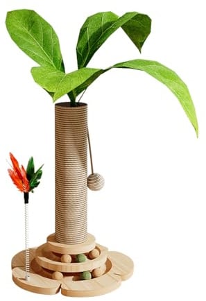 Marchul 5 in 1 Cat Toys, Cat Scratching Post with Sisal Rope, Wooden Track Toy Ball with Springy Feather, Kitten Tree with Simulated Plants, Interactive Scratch Post for Indoor Playing