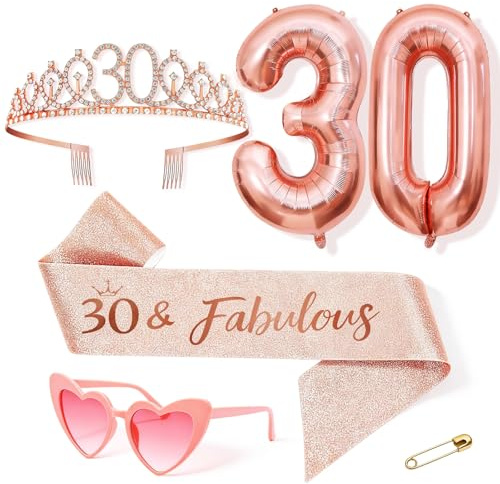 Anruzon 30 Geburtstag Frauen Deko, 30 Geburtstag Krone und Schärpe, Rosa herzförmige Brille, Luftballons Rosegold, Geschenke für Frauen, 30 Geburtstagsparty Deko Supplies