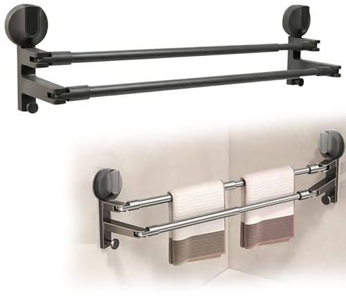 ZXBBTZ Porte-serviettes à ventouse sans perçage - Extensible - Double - 49 à 84 cm - Longueur réglable - Rotation à 180 ° - Ventouse de bain - Torchon mural pour coins de salle de bain, cuisine
