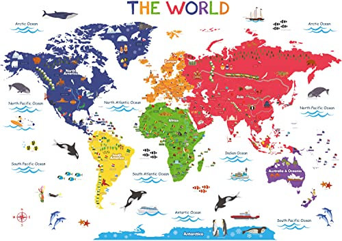 DECOWALL SG2-115 Die große Weltkarte wandtattoo zum abnehmbare Kinderaufkleber Kunst Schlafzimmer Kinderzimmer Wohnzimmer Heimdekoration pädagogisches Tierspielzimmer Schlafzimmer