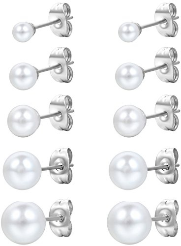 Flongo 10pcs Boucles d’Oreilles Clous Perle Culture de l'eau Douce Acier Inoxydable Retro Anti-allergique fin 4mm Multi-taille Cadeau Bijoux Couleur Argent pour Femme Fille