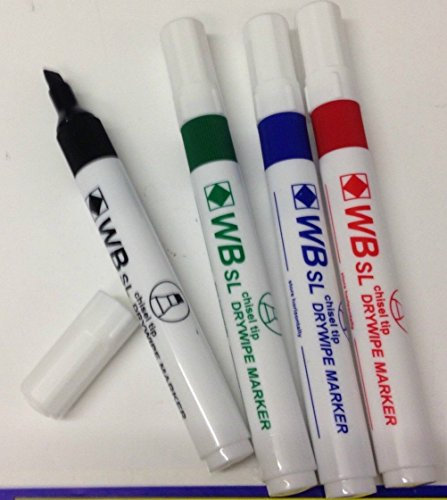 WB PACK OF 4 ASSORTED SL WHITEBOARD FLIPCHART CHISEL TIP MARKER PENS. BLACK, BLUE, RED AND GREEN. DRYWIPE