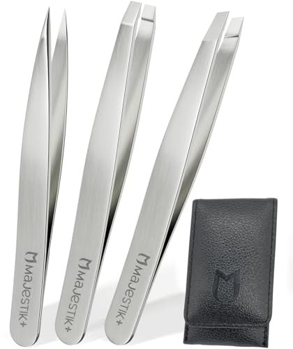 3 Pince à Épiler en Acier Inoxydable pour Sourcils, Comprend Slant, Flat, Pointu Pincette avec Cuir Étui