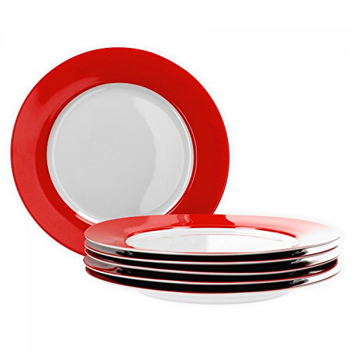 van Well Vario Speiseteller-Set 6-teilig - Tafel-Service für 6 Personen - flache Ess-Teller mit Ø 26,5cm - Porzellan-Service weiß mit Rand in Rot - Teller-Set mikrowellengeeignet