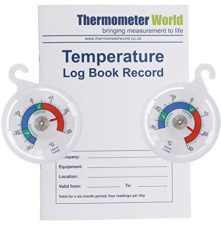 Temperature Log Book With Twin Pack 65 mm Dial Fridge Freezer Thermometer With Coloured Zones