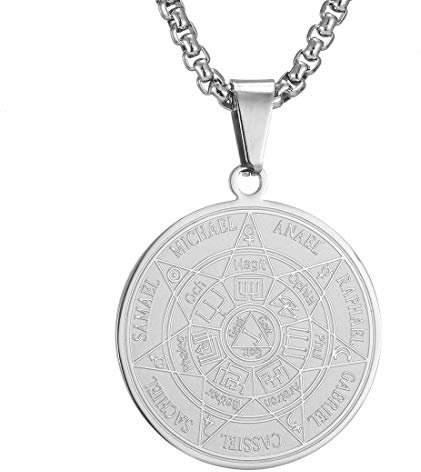 AFSTALR Halskette Herren 7 Erzengel Siegel Medaille Talisman Siegel der Sieben Erzengel Amulett Ketten Anhänger Edelstahl Solomon Schmuck für Herren Männer Männer B