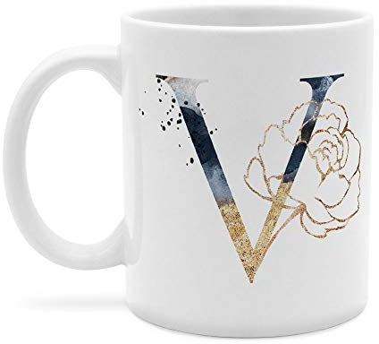 printplanet - Tasse mit Buchstabe: V - Kaffeebecher, Mug, Becher, Kaffeetasse, Beidseitiger Druck - Farbe Weiß