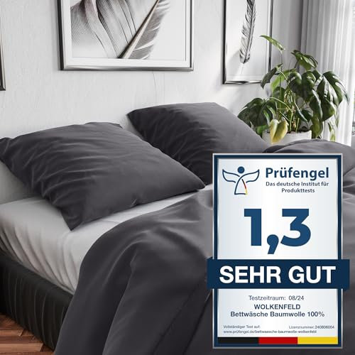 Wolkenfeld Neue Qualität Bettwäsche 200x200 Baumwolle Grau - Atmungsaktiv - 3teilig - 1x Bettbezug 200x200 + 2X Kissenbezug 80x80 - Anthrazit
