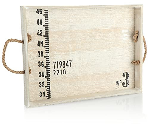 COM-FOUR® Plateau de Service en Bois - Vieux Plateau en Bois avec poignées en Corde - Grand Plateau décoratif au Look Rustique Charmant (1 pièce - Blanc - 39x29cm)