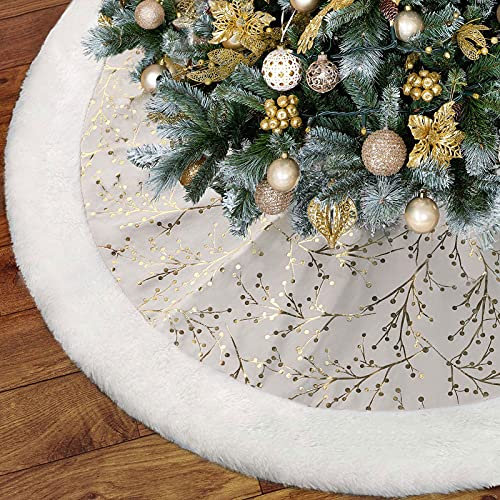 Gonna per albero di Natale, oro bianco, 100 cm, in finta pelliccia di peluche, decorazione natalizia per albero di Natale, tappetino spesso in velluto per feste e feste di Natale