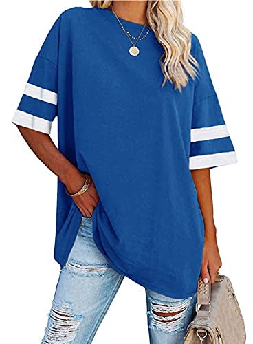 Famulily Color Block Loose Fitting Tee Tops for Women Ladies Striped Short Sleeve Baseball T Shirt Blue M