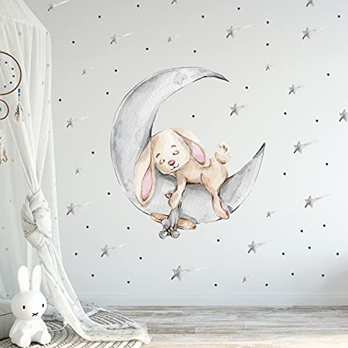 WANDKIND Hase auf dem Mond Wandtattoo V303 | handgezeichnet | AUFKLEBER Kindergarten | Wandsticker Kinderzimmer Hasen mit Sterne Sternschnuppe (40 x 40 cm)