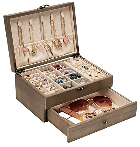 Pinzoveco Joyero para mujer, organizador de joyas de madera rústica para almacenamiento, aretes, anillos, collares, pulseras, cajas de joyería y organizadores de madera estilo granja (gris)