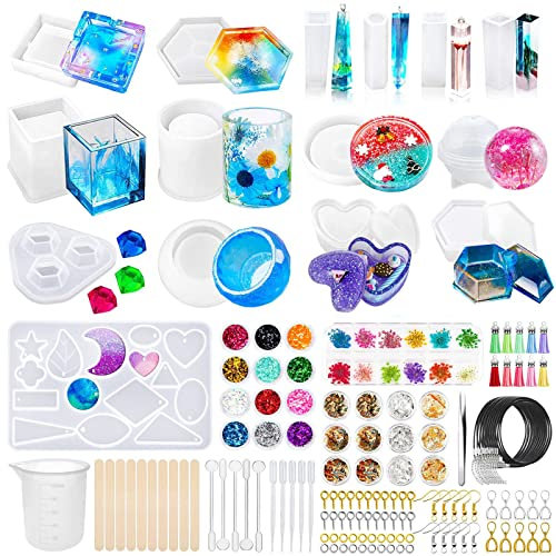 JOYBOY Stampi per Resina Epossidica,140pcs in Silicone Contiene Set di Strumenti per Il Fai da Te, DIY Colata per Resina include Sfera Cubo Piramide