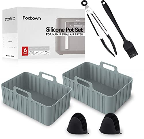 Foxbown Air Fryer Liner, 6 PCS Silicone Reusable Compatible w/ Ninja Dual Air Fryer Accessories, BPA Free, Air Fryer Basket, Air Fryer Rack Accessories Air Fryer, Oven, & Microwave(Grey) (FB-DAFL-01)