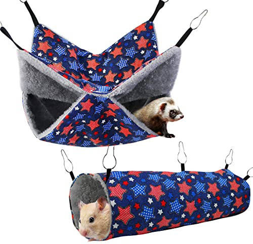 petonfun Frettchen-Hängematten-Set, Meerschweinchen-Versteckbett, weiches Hamsterspielzeug, hängende Tunnel und Röhren, Plüsch, Kleintiere, Chinchilla für Käfigzubehör, 2 Stück, blauer Stern