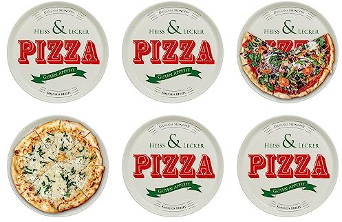 KHG 6er Set Pizzateller, extra groß mit 30cm Durchmesser in Heiss & Lecker Print, perfekt für Gastro und Zuhause, hochwertiges Porzellan, Spühlmaschinengeeignet & perfekt Stapelbar