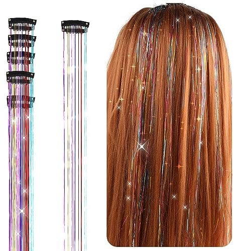 6 Stück Glitzer Haarsträhnen Lametta, 50,8 cm Haarschnüre Tinsel Hair Extensions Glitter Girls Zubehör Party Highlights Hair Tinsel Haarsträhnen Zum Einflechten Haarteil mit Klammer für Mädchen Frauen