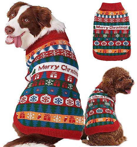 Fiyade Hundepullover Weihnachten, Weihnachtspullover Hundemantel, Weicher Schneeflocken Strickpullover Sweater, Geschenk Hunde Rollkragenpullover Klein Mittelgroße Hunde Katzen, Rot, S
