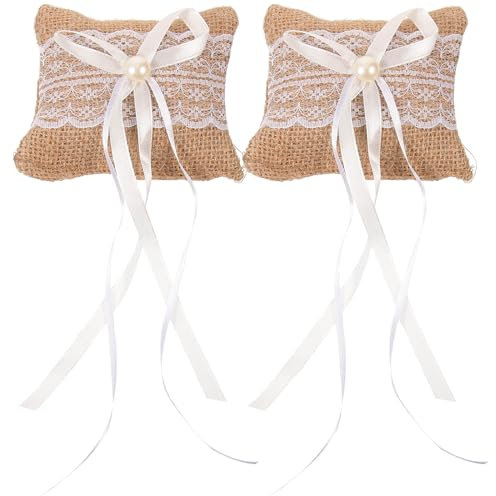 HOOTNEE 2 Stück Kissen für Trauringe, Kissen für Trauringe, Kissen für Rustikale Trauringe, Kissen für Hochzeitsringe, Leinen, Kissen für Hochzeitsringe, klein