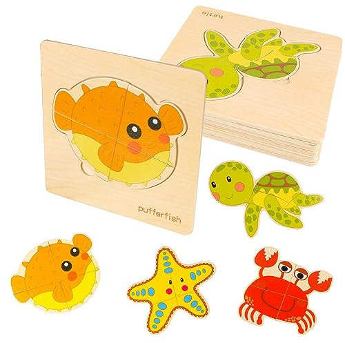 EBKCQ Holzpuzzle Montessori Spielzeug, 8 Stück Meerestiere Holzpuzzle Puzzle, Steckpuzzle Geschenk, Holzspielzeug Puzzle ab 1 2 3 Jahre, Ideales Montessori Holzpuzzle für Kindergeschenke