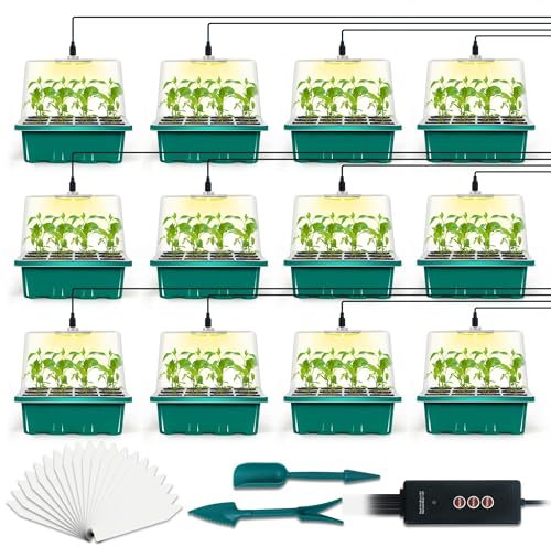 LYDTICK 12-Set Seed Starter Tray with Grow Light, Seed Starting Trays Kits with Timing Controller Adjustable Humidity Domes Heightened Lids(12-Cells Per Tray)