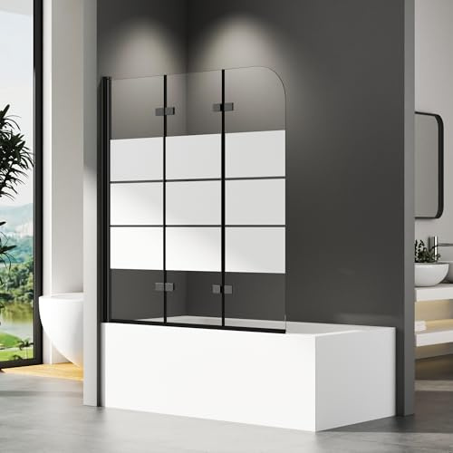 Duschwand für Badewanne 130x140cm, Duschwand Gestreift Badewannenaufsatz Schwarz 3-teilig Faltbar Duschabtrennung Badewanne mit 6mm NANO ESG-Glas