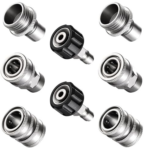 Selkie Lot de 8 raccords rapides pour nettoyeur haute pression M22 14 mm à 3/8, adaptateur à dégagement rapide de 1,9 cm à 1,27 cm pour nettoyeur haute pression, en acier inoxydable