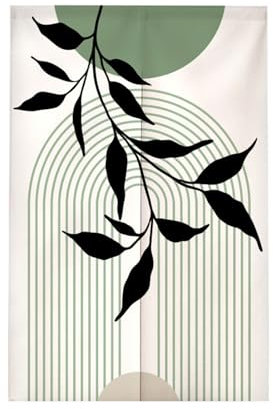 Surwin Rideau de Porte, Vert Nordique Japonais Cuisine Long Tapisserie Noren en Lin Fenêtre Rideaux Panneau Tenture Tapisserie Décoration Maison Chambre Salon (85x180cm,Feuille Noire)