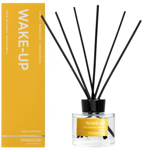 Stoneglow Wellbeing Wake-Up 100% natürliches ätherisches Öl duftender Schilfrohr-Diffusor, 140 ml, hält 12 Wochen, 10 Rattan-Blätter, nachfüllbar & wiederverwendbar, Premium-Lufterfrischer, Zitrus