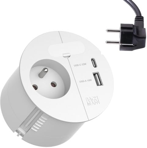 BACHMANN Einbausteckdose LOOP IN CHARGE 1x Steckdose UTE Frankreich 1x USB A/C 22W mit Kabeldurchführung 2m Zuleitung für Büro, Besprechungsraum und Wohnraum in Weiß 938.302