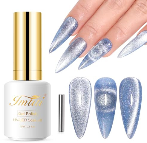 Imtiti Cat Eye Gel Nail Polish, 15ML Blue Holographic Glitter Cat Eye Gel Polish with Magnet UV LED Magnetic Gel Nail Polish Crystal Galaxy Sparkly Home DIY Manicure Nail Salon Kit