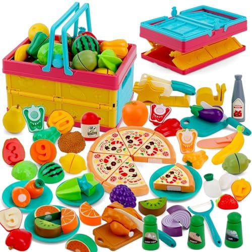 77 PCS Cutting Play Food Toy for Kids Kitchen Pretend Fruit Vegetables Accessories with Shopping Storage Basket Plastic Mini Dishes and Knife Educational Toy for Toddlers Boys Girls Ages 3 4 5