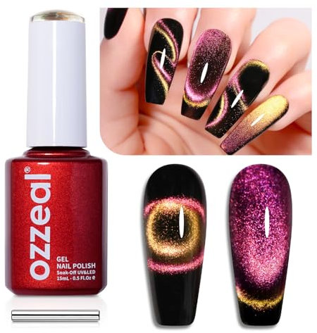 Ozzeal 9D Cat Eye Gel Nail Polish, 0.5 Fl Oz Pink Chameleon Holographic Glitter Cat Eye Gel Polish with Magnet UV LED Magnetic Gel Nail Polish Sparkly Home DIY Manicure
