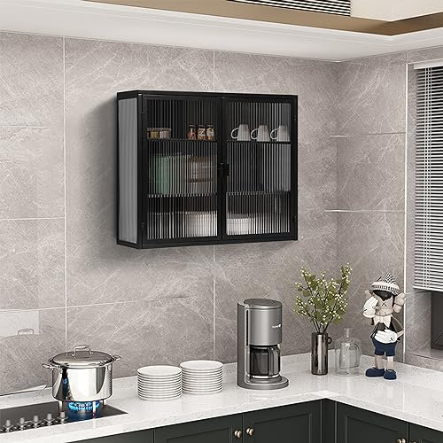 HAINEW Moderner Hängeschrank Küchenschrank Wandschrank mit 2 Glas Türen, Metal und Glas Badschrank Sideboard Hängend Medizinschrank für Küche Bad (Schwarz)