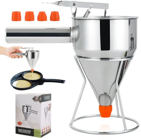 NATGAI 600ML/20OZ Stainless Steel Pancake Batter Dispenser | with 4PCS Silicone Nozzles, Multi-Caliber Funnel Cake Dispenser with Stand, Fit for Pancakes, Waffles, and Baked Goods