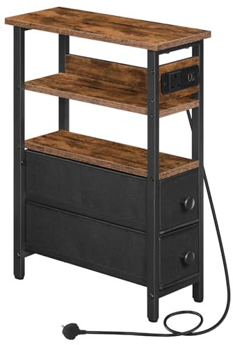 HOOBRO Side Table with Charging Station, Narrow Side Table with 2 Non-Woven Drawers, USB Ports and Power Outlet, 40 x 18 x 60 cm Slim Bedside Table for Small Space, Rustic Brown and Black EBF132KBZ01