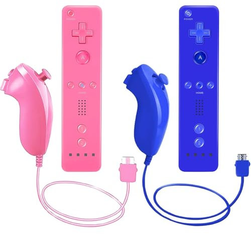AUFGLO Retro Remote Controller und Nunchuck Controller kompatibel mit Wii/Wii U, inklusive Silikonhülle und Handgelenkband (pink+blau)