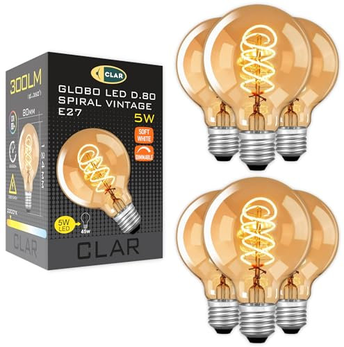 CLAR - LED Vintage Glühbirne E27 G80 5W Amber, Edison Retro Leuchtmittel (Pack 6)