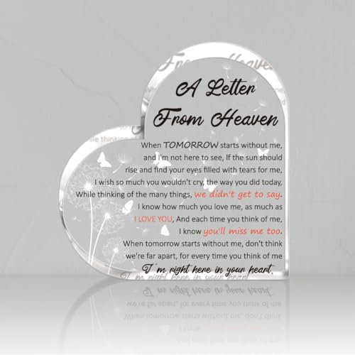 SUPERDANT Placa Acrílica En Forma de Corazón para Decorar Escritorio Regalo de Condolencias Una Carta Desde el Cielo Regalo Conmemorativo Por la Pérdida de Madre O Padre Señal de Recuerdo En Forma