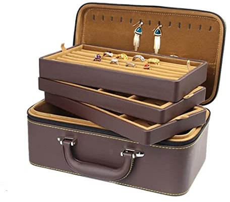 ABNNHK Schmuckschatulle aus PU-Leder, tragbarer Schmuckkasten, Organizer, dreilagig, Schmuckdisplay, Aufbewahrungskoffer für Halsketten, Ohrringe, Armbänder, Ringe, Schmuckhalter (braun,