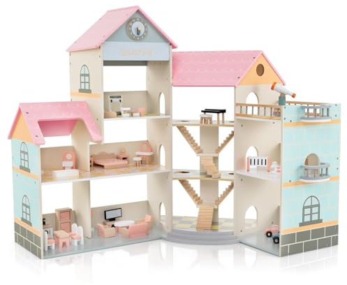 FANTASK Puppenhaus Holz, Dollhouse 94 cm Hoch mit 41 Möbelstücken und Zubehör, Puppenvilla mit 6 Zimmern & Terrasse & Garage, Puppenstube Geschenk für Mädchen ab 3 Jahren