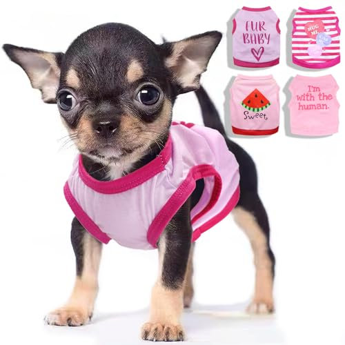 4- Pieces Dog Clothes for Small Dogs Girl Cute Pink Puppy Shirt Pet Tank Top Outfit for Female Dogs, Chihuahua, Yorkie, Teacup and Cats, XS