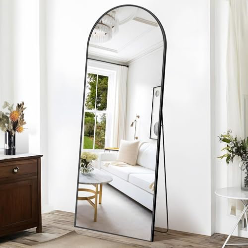 Weare Home Miroir mural arqué, 165 x 60 cm, sur pied bombé, cadre métal noir, sol incliné, chambre à coucher, salon