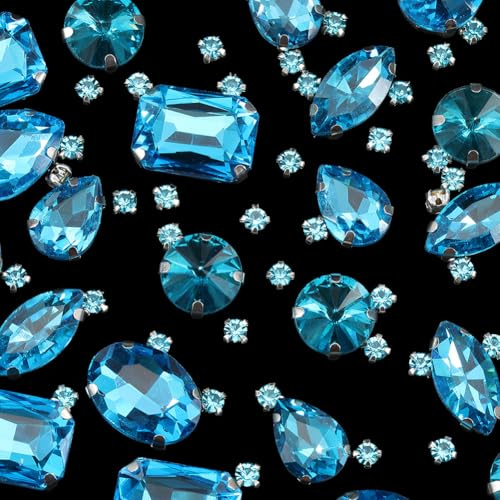 SOFPLATE 156 Stück 7 Stile Blaue Strasssteine zum Aufnähen Strasssteine mit Fassung Rückseite Zinken Set Aquamarin Klein Facettiert Rund Tropfen Kristalle Zubehör Für Kleidung Stoff Schuhe Kleider