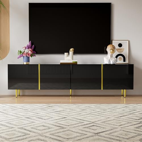 YuQozii Mueble de TV de alto brillo con cuatro puertas, moderno y sencillo (negro)