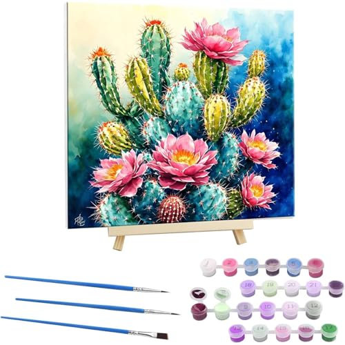 Guuogxan Malen Nach Zahlen Erwachsene mit Rahmen, DIY Kaktus Malen Nach Zahlen für Kinder Ab 5 6 7 8 9 10 Jahre mit Rahmen,Handgemalt Ölgemälde Kit Kreative Geschenke für Wanddekoration 55x55cm N-864