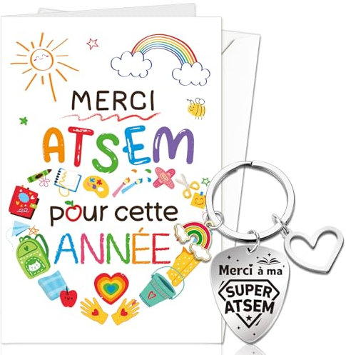 DPKOW Original Cadeau Maternelle ATSEM Merci Carte avec Enveloppe Porte-Clé Cadeau ATSEM d'École Fin d'Année, Cadeau Merci ATSEM pour Cette Année, Merci à ma SUPER ATSEM