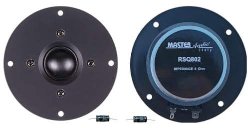 KIT SET PER MASTER AUDIO RSQ802, 2 dome tweeter a cupola, 100 watt rms 200 watt max, da 10 cm 4, impedenza 8 ohm, bobina da 25 mm, ultra slim, per casa, neri, a coppia + condensatori omaggio